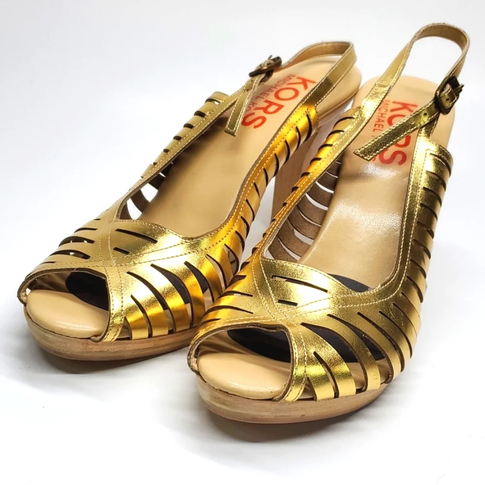 KORS Michael Kors Gold Ankle Strap Heels EUC